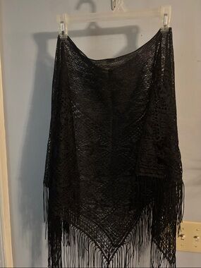 Black Crochet Fringe Women's Poncho Shrug